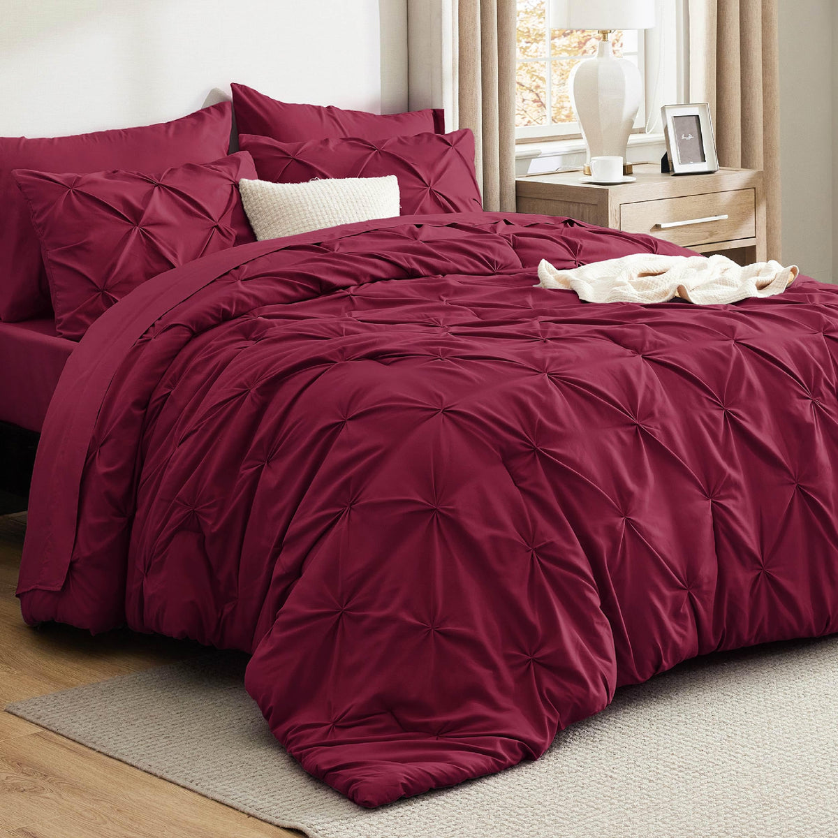 Bedsure dark red comforter front view showing plush hotel-style look and warmth