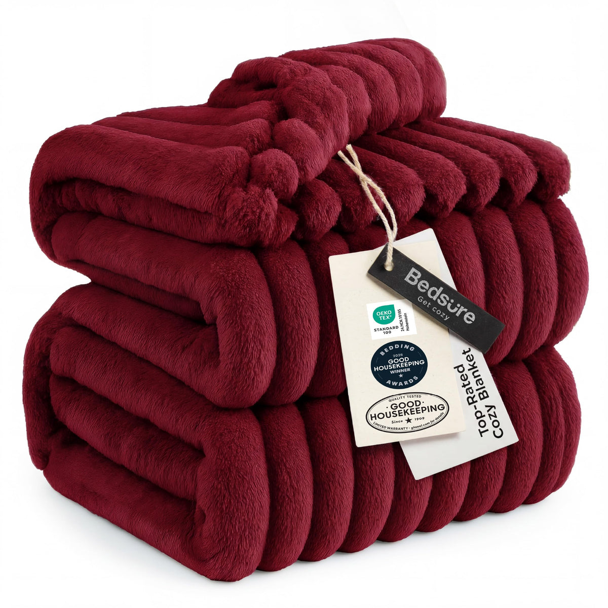 Bedsure blanket front view showing deep red color and generous size for visual appeal