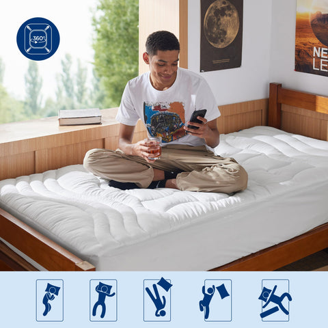 Bedsure on a dorm bed in room setting showing neat, quiet protection benefit