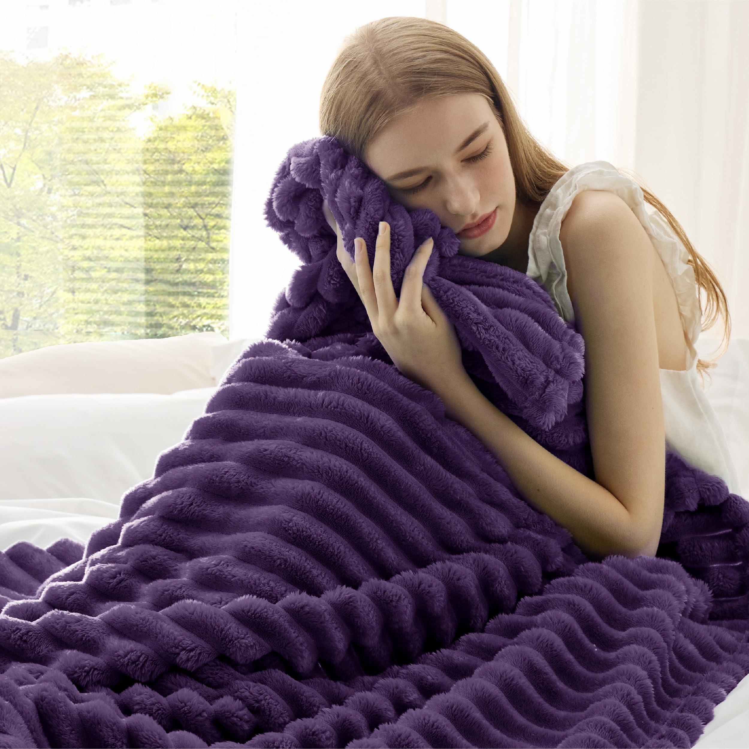 Bedsure draped over couch displaying decorative purple accent and cozy look