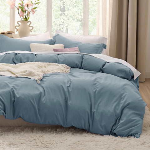 Bedsure duvet cover front view showing dusty blue and neat finish benefits softness