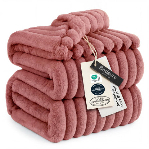 Bedsure dusty pink front packaging showing blanket size and styling benefits