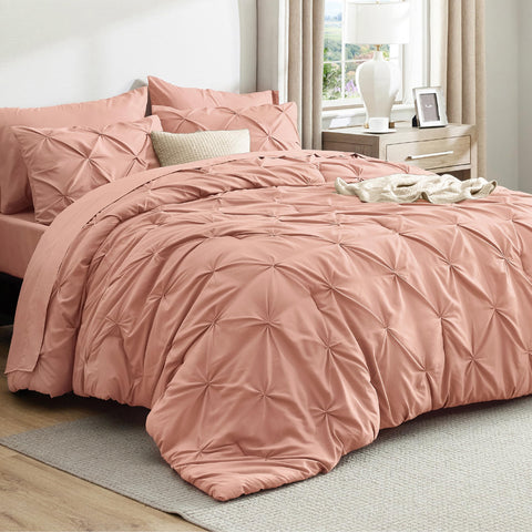 Bedsure dusty pink front view showing full bed set and polished look