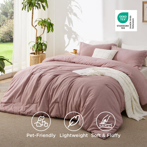 Bedsure dusty pink styled on queen bed demonstrating coordinated bedroom look