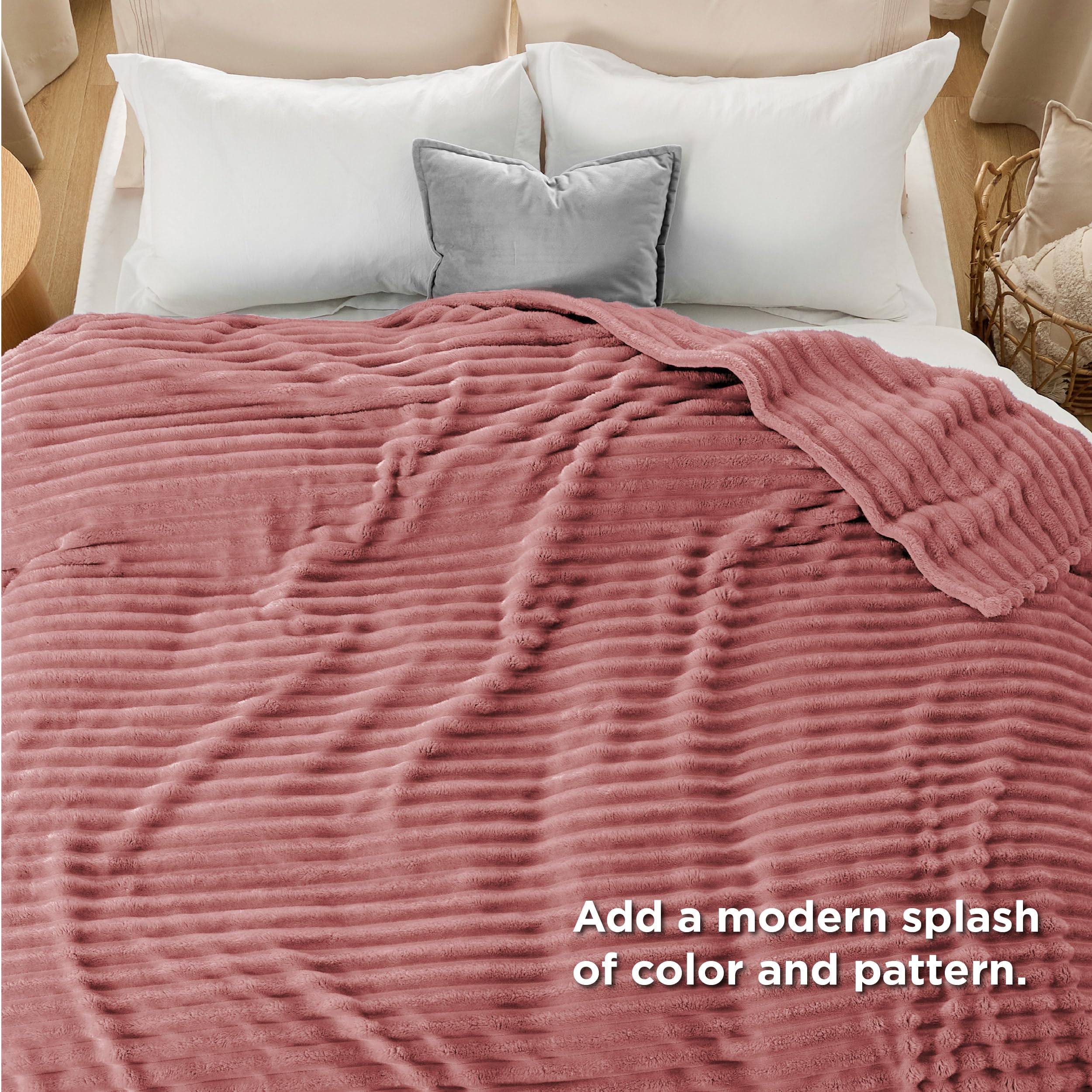 Bedsure dusty pink on bed with ruler showing 90x90 size for scale
