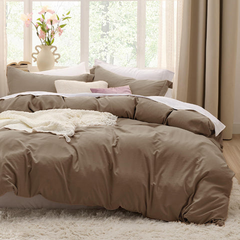 Bedsure duvet cover front view showing brown color and cozy styling benefit