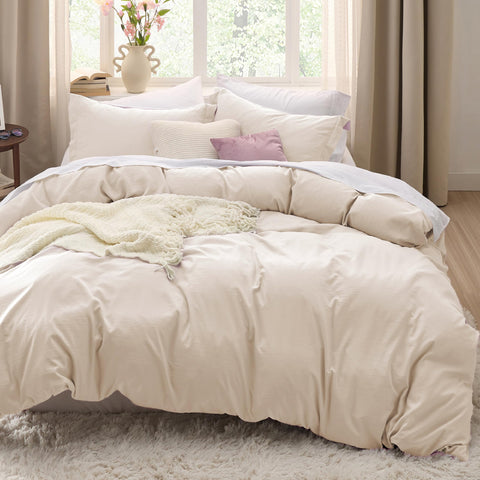 Bedsure duvet cover front view showing cream color and smooth finish for cozy styling