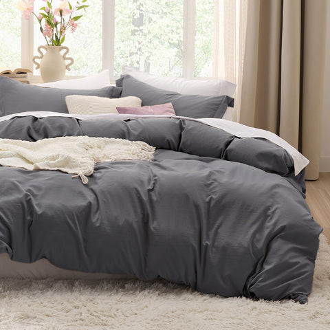 Bedsure duvet cover front view showing dark grey color and neat finish