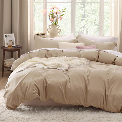 Bedsure front view of light brown duvet cover showing clean design and cozy appeal