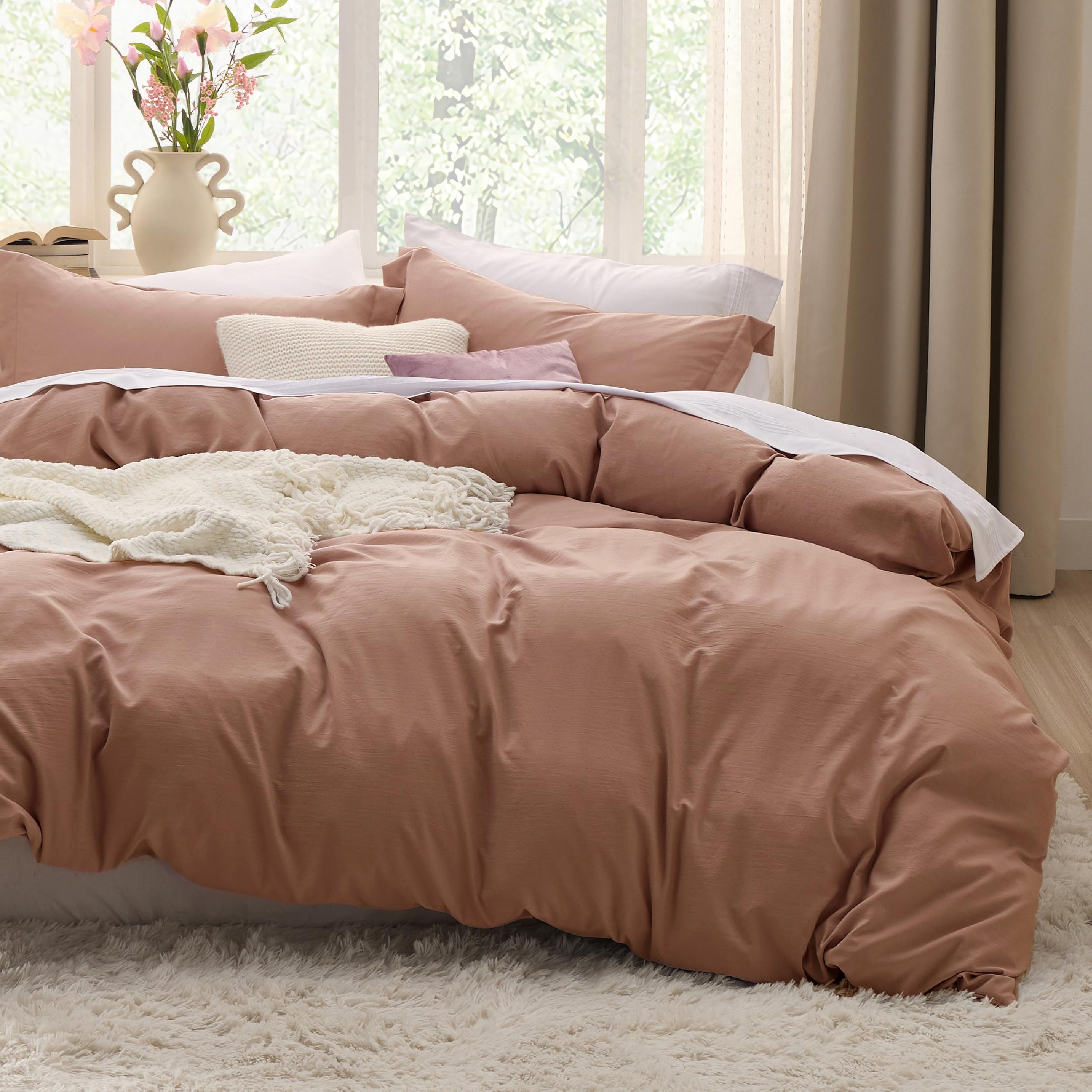 Bedsure duvet cover front view showing mocha mousse color and soft drape benefit