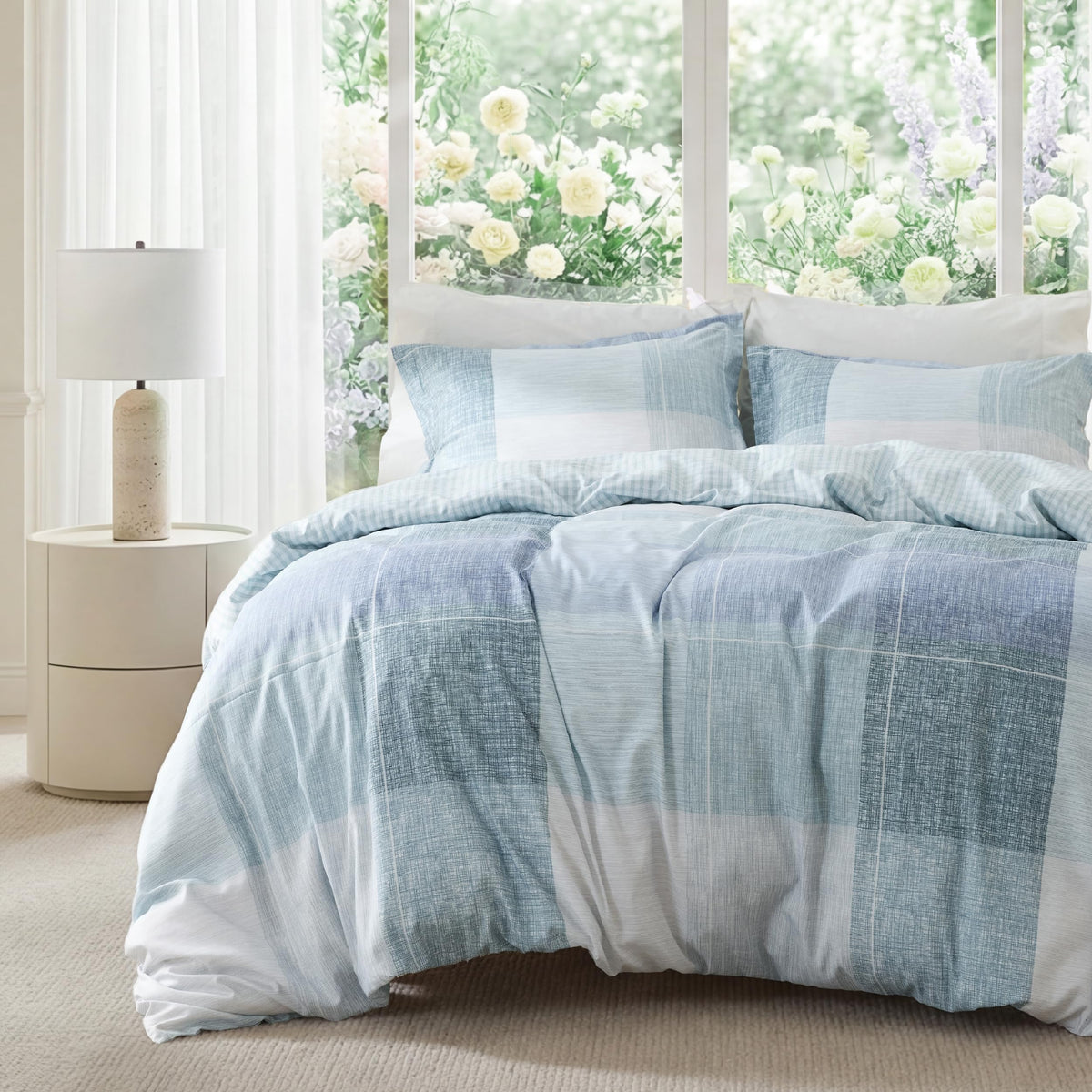 Bedsure duvet cover front view showing blue plaid and neat finish benefits easy styling