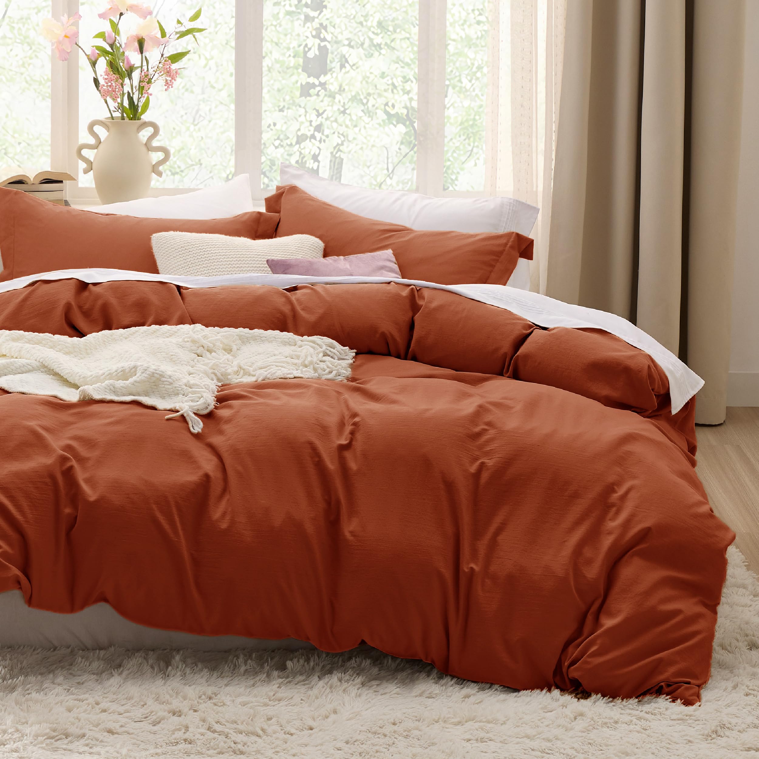 Bedsure duvet cover front view showing terracotta color and neat finish for cozy styling