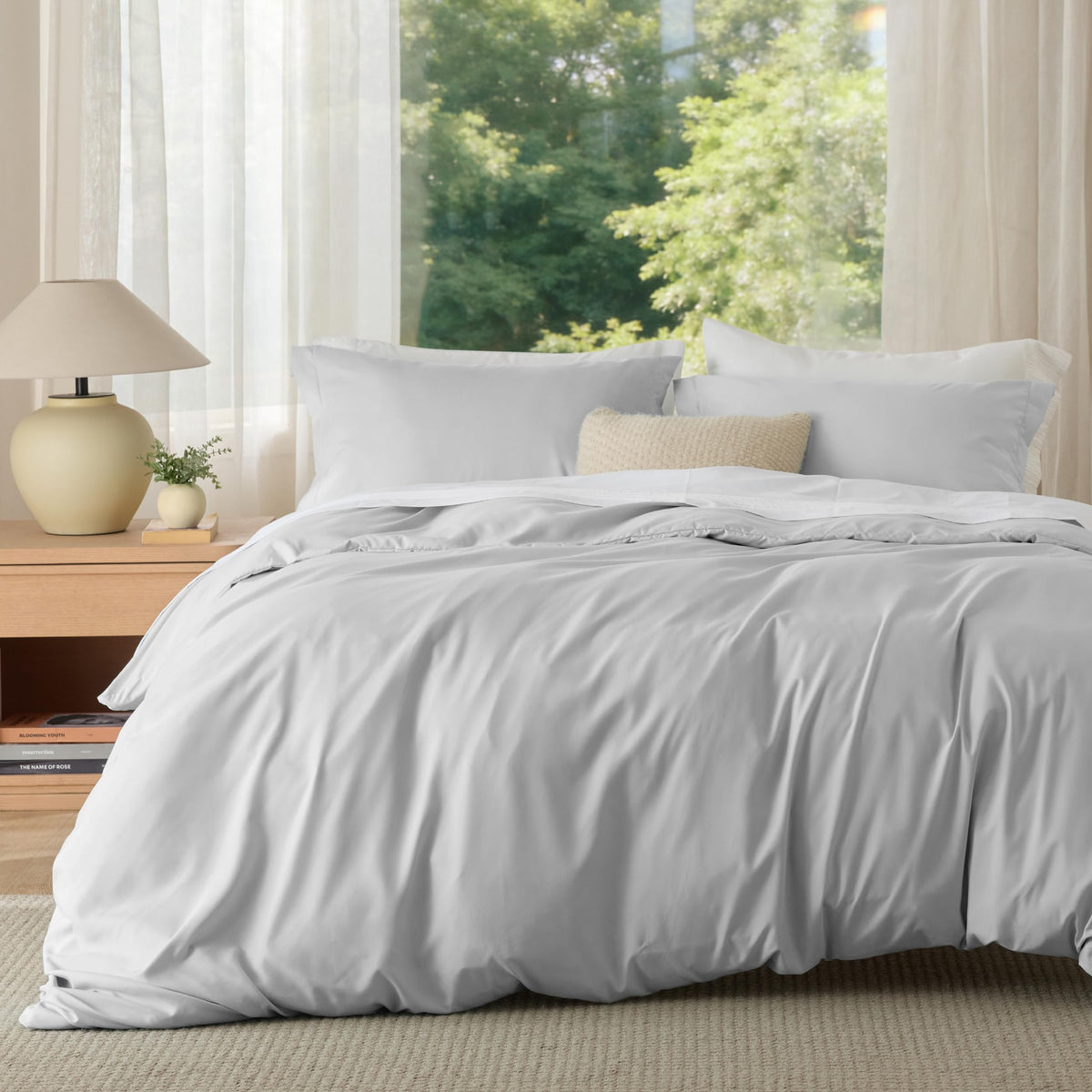 Bedsure duvet cover front view in silver grey showing smooth finish and modern style