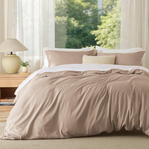 Bedsure duvet cover front view shows light khaki color and clean finish for a calming bedroom
