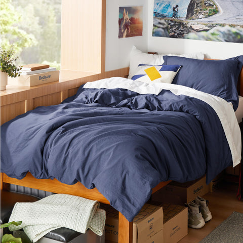 Bedsure front view of navy duvet cover showing neat finish and soft drape