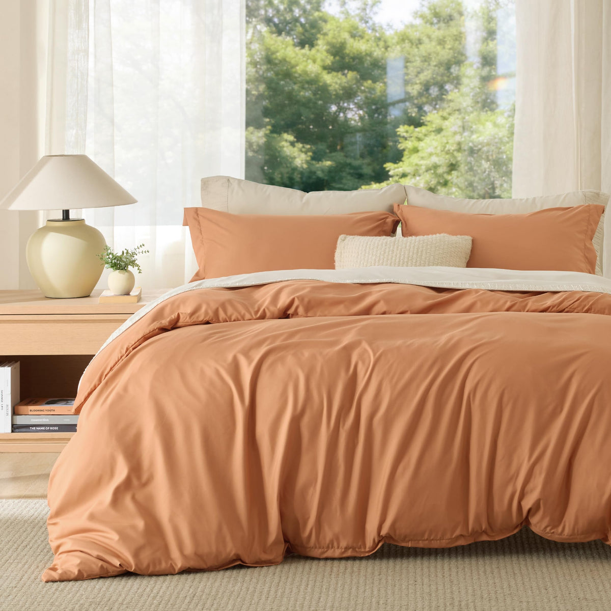 Bedsure front view of orange duvet cover showing full bed warmth