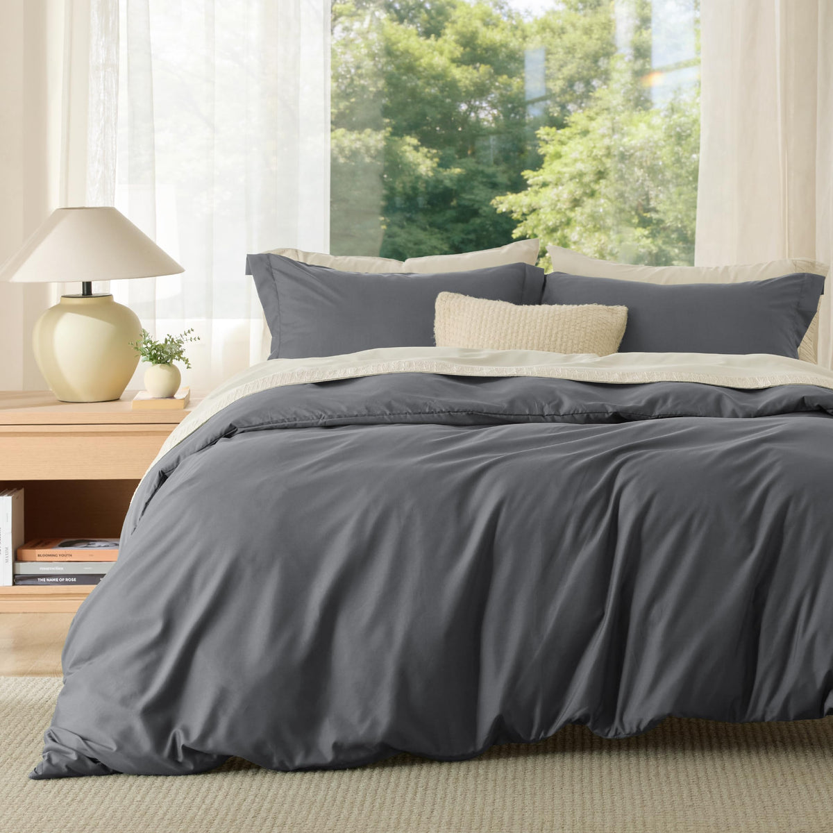 Bedsure front view of king duvet cover showing neat finish and deep grey comfort