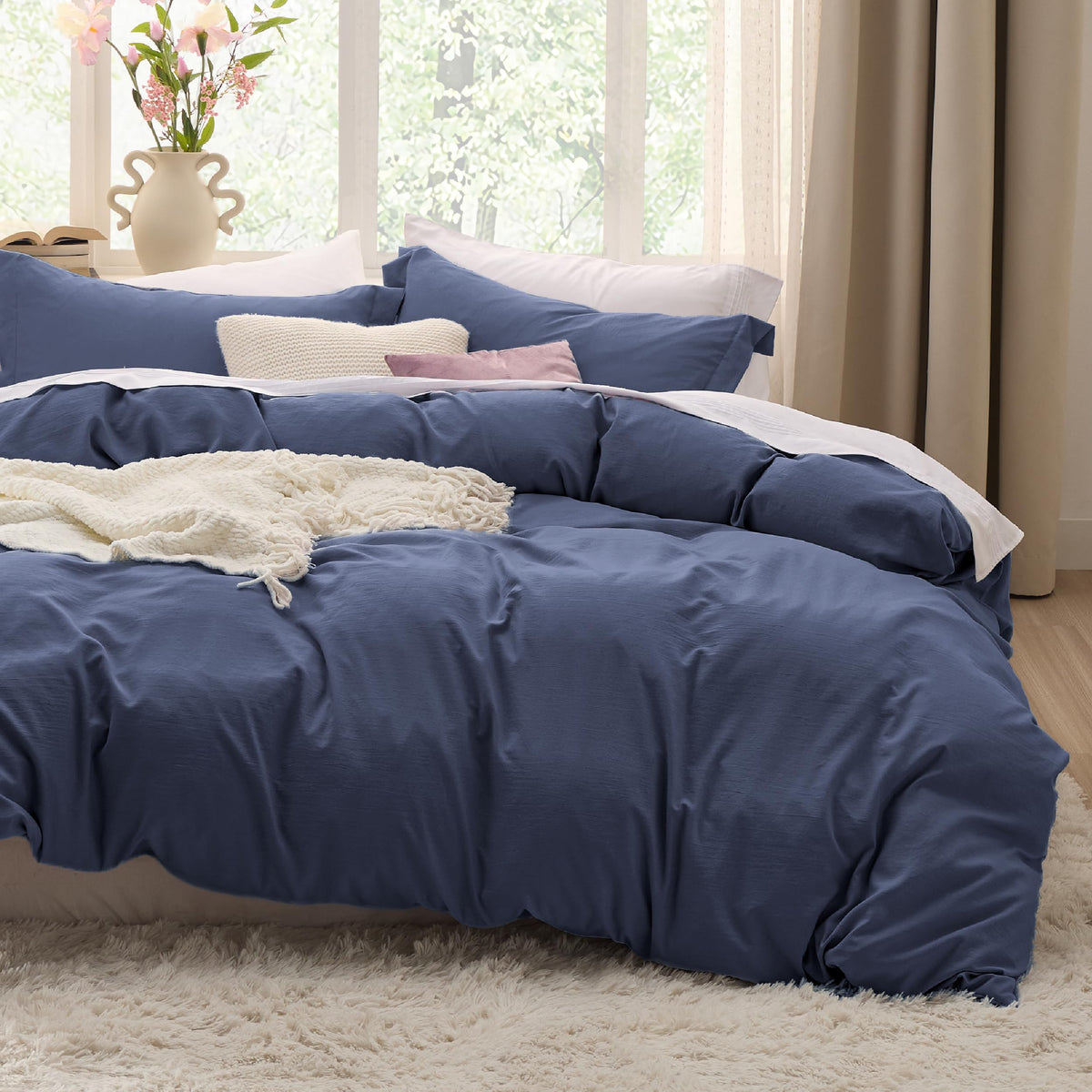 Bedsure duvet cover front view showing navy color and neat drape for elegant bedroom styling