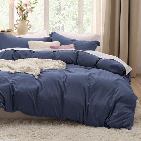 Bedsure duvet cover front view showing navy color and neat drape for elegant bedroom styling