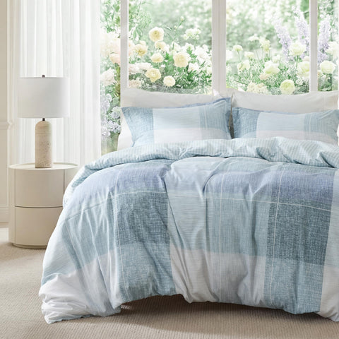Bedsure front view of duvet cover set showing blue buffalo plaid for cozy style