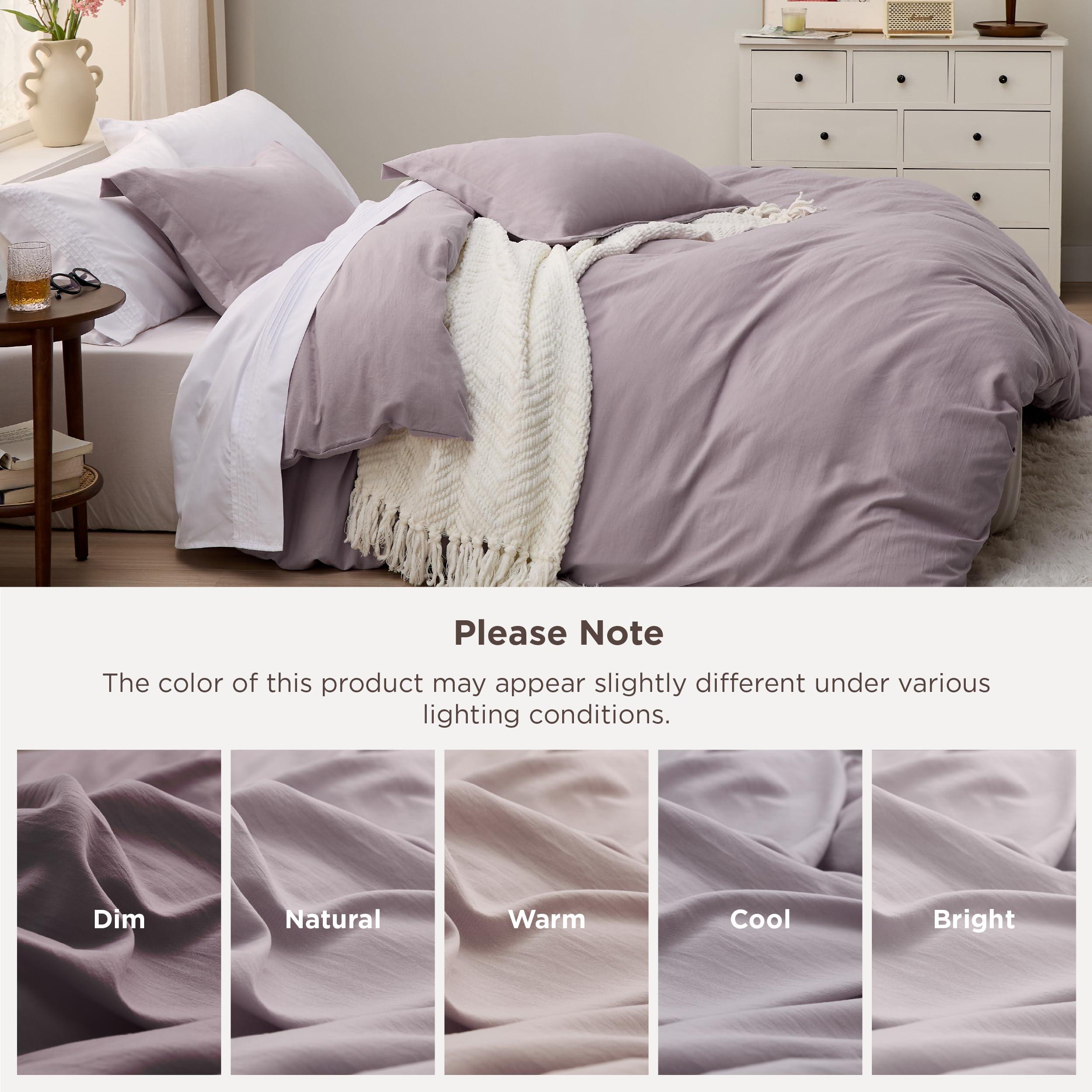 Bedsure duvet cover styled on a made bed demonstrating calming lilac color and elevated decor