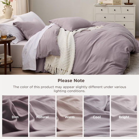 Bedsure duvet cover styled on a made bed demonstrating calming lilac color and elevated decor