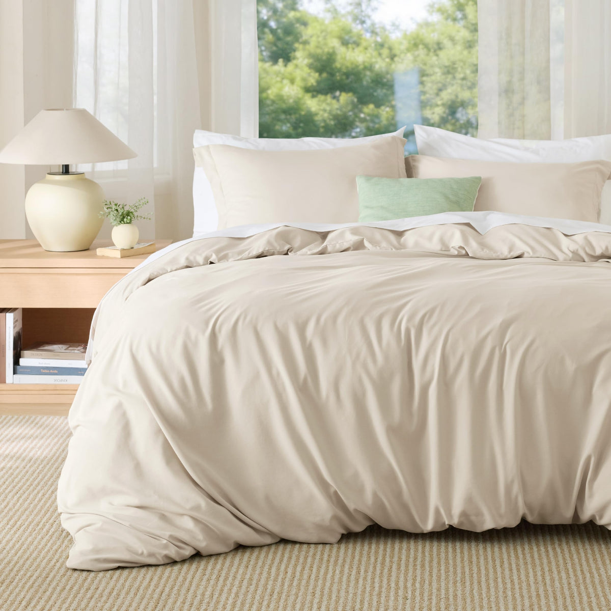Bedsure queen duvet cover front view showing smooth beige finish and neat seams