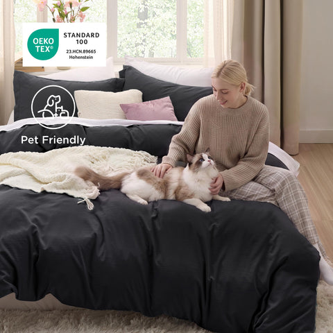 Bedsure black duvet styled on bed showing elevated room decor