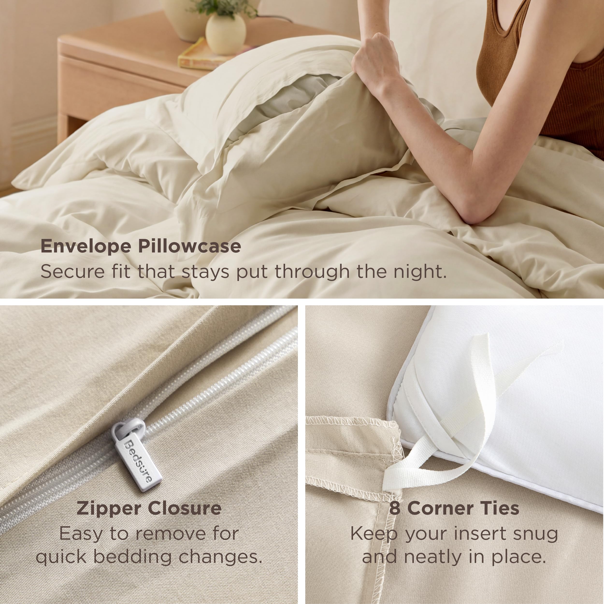 Bedsure duvet on bed with ruler demonstrating cal king size and generous drape