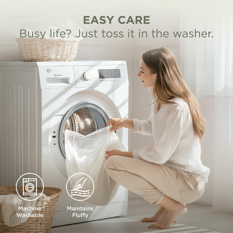 Bedsure comforter scale comparison with hand showing lightweight, fluffy fill