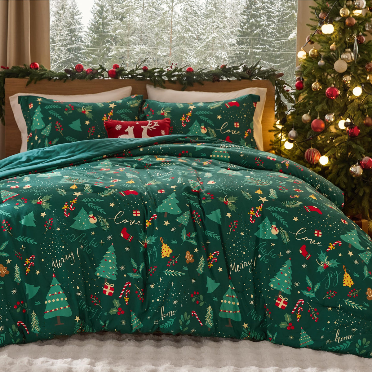 Bedsure front view of Festival Forest comforter showing festive pattern and cozy look