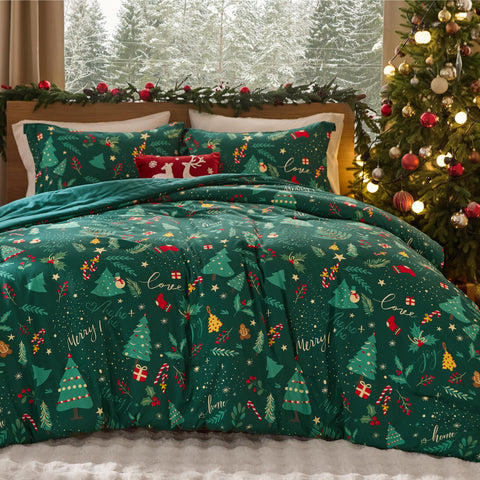 Bedsure front view of Festival Forest comforter showing festive pattern and cozy look