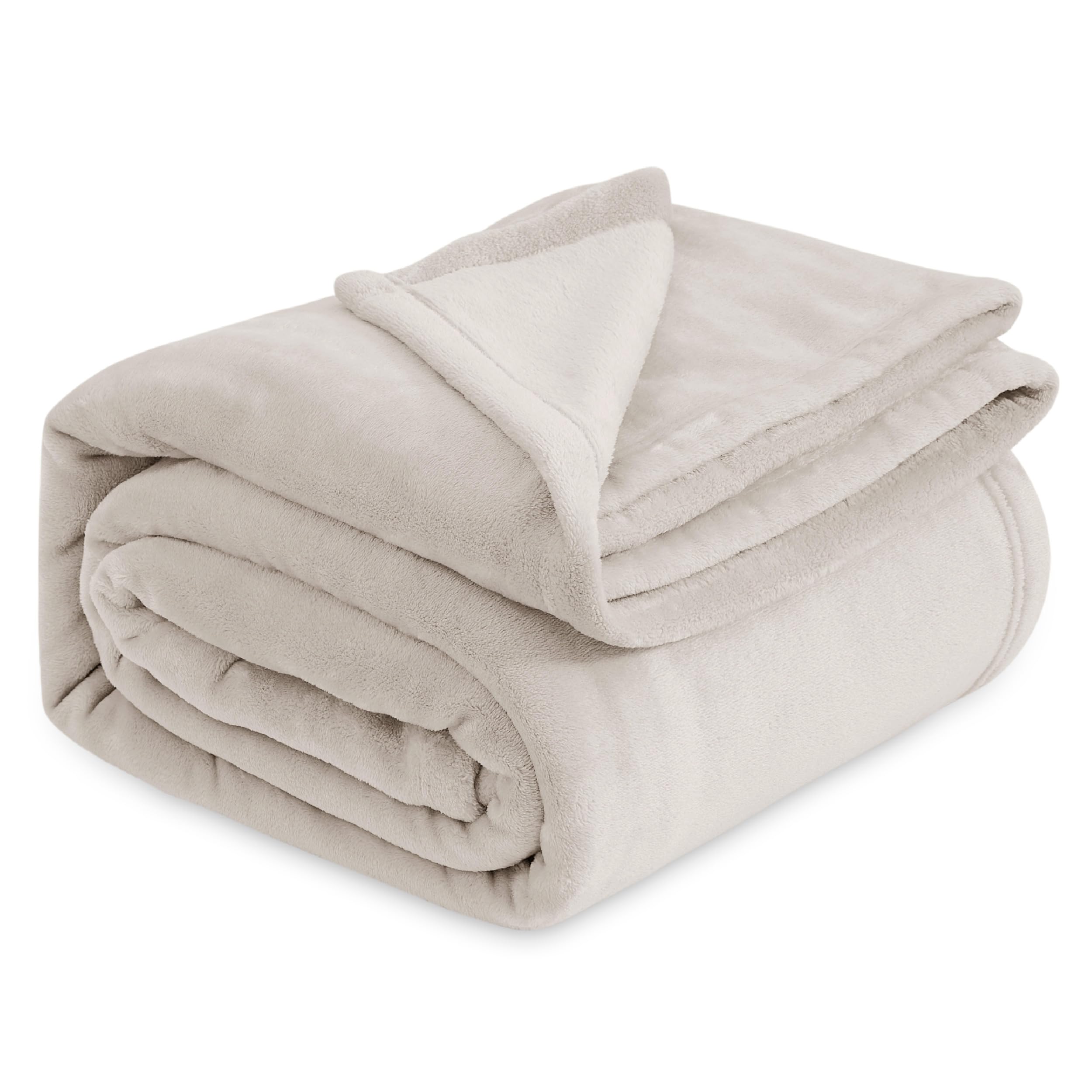 Bedsure blanket front packaging showing linen beige color and cozy look