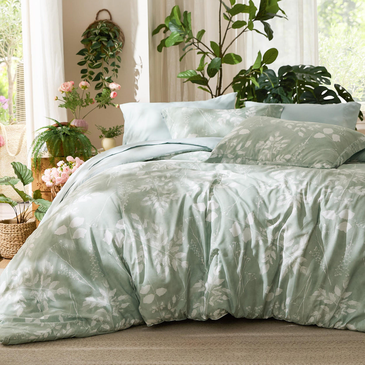 Bedsure floral sage green comforter front view showing full pattern and cozy appeal
