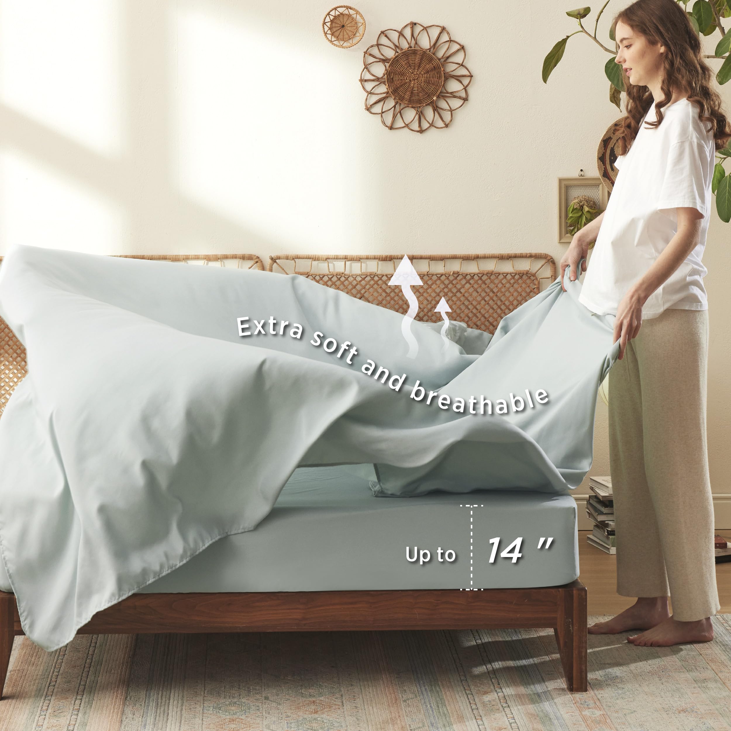 Bedsure fitted sheet on mattress showing deep 14-inch pocket and snug fit