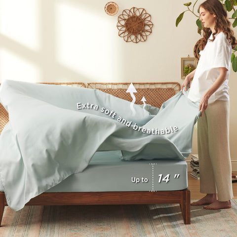 Bedsure fitted sheet on mattress showing deep 14-inch pocket and snug fit