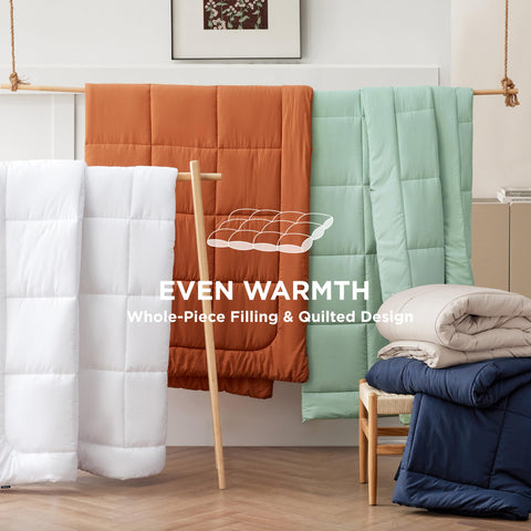 Bedsure folded comforter on shelf showing compact storage and easy handling benefit