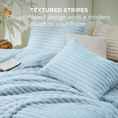 Bedsure comforter folded on bench showing thickness and easy storage benefits