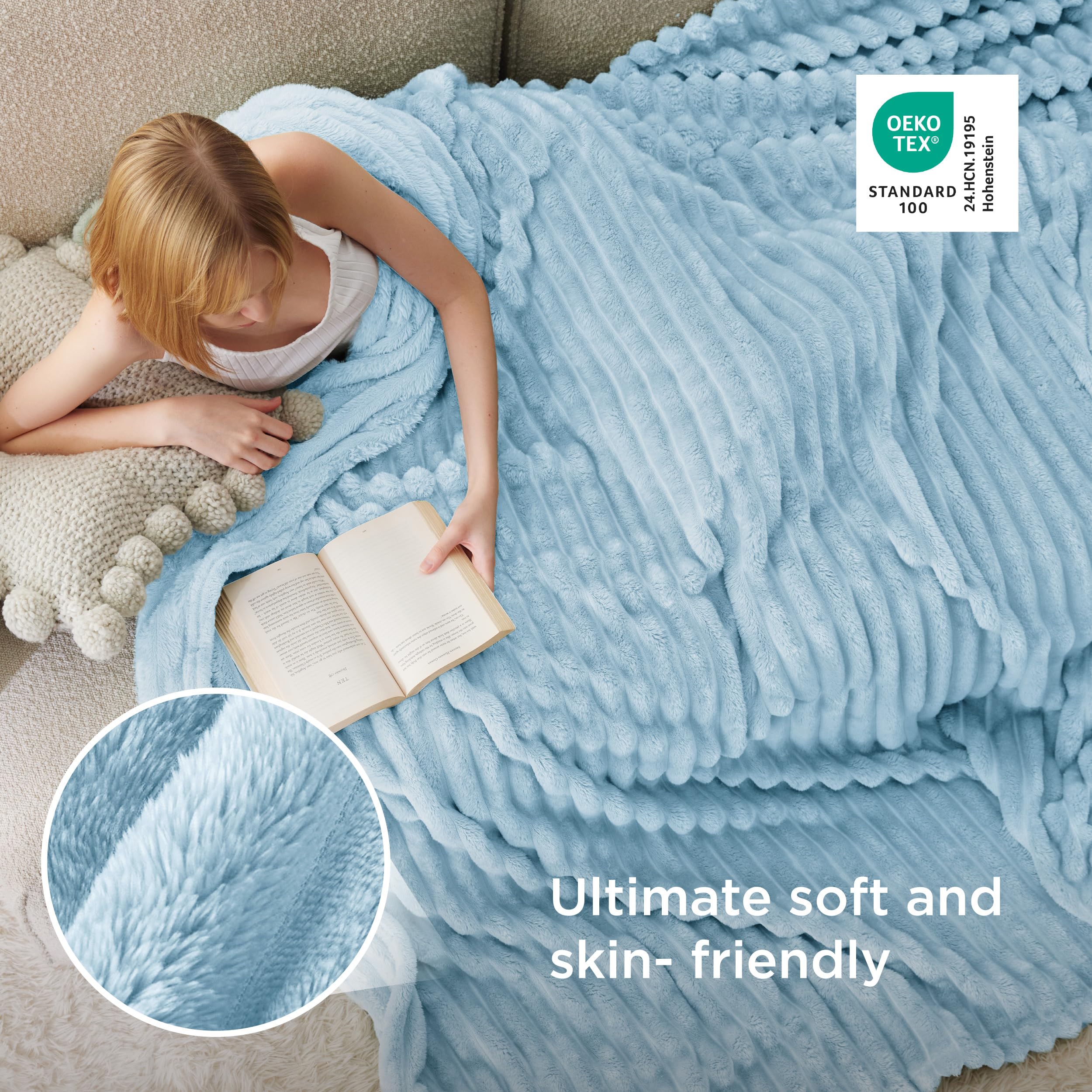 Bedsure folded on sofa illustrating lightweight warmth and living-room versatility