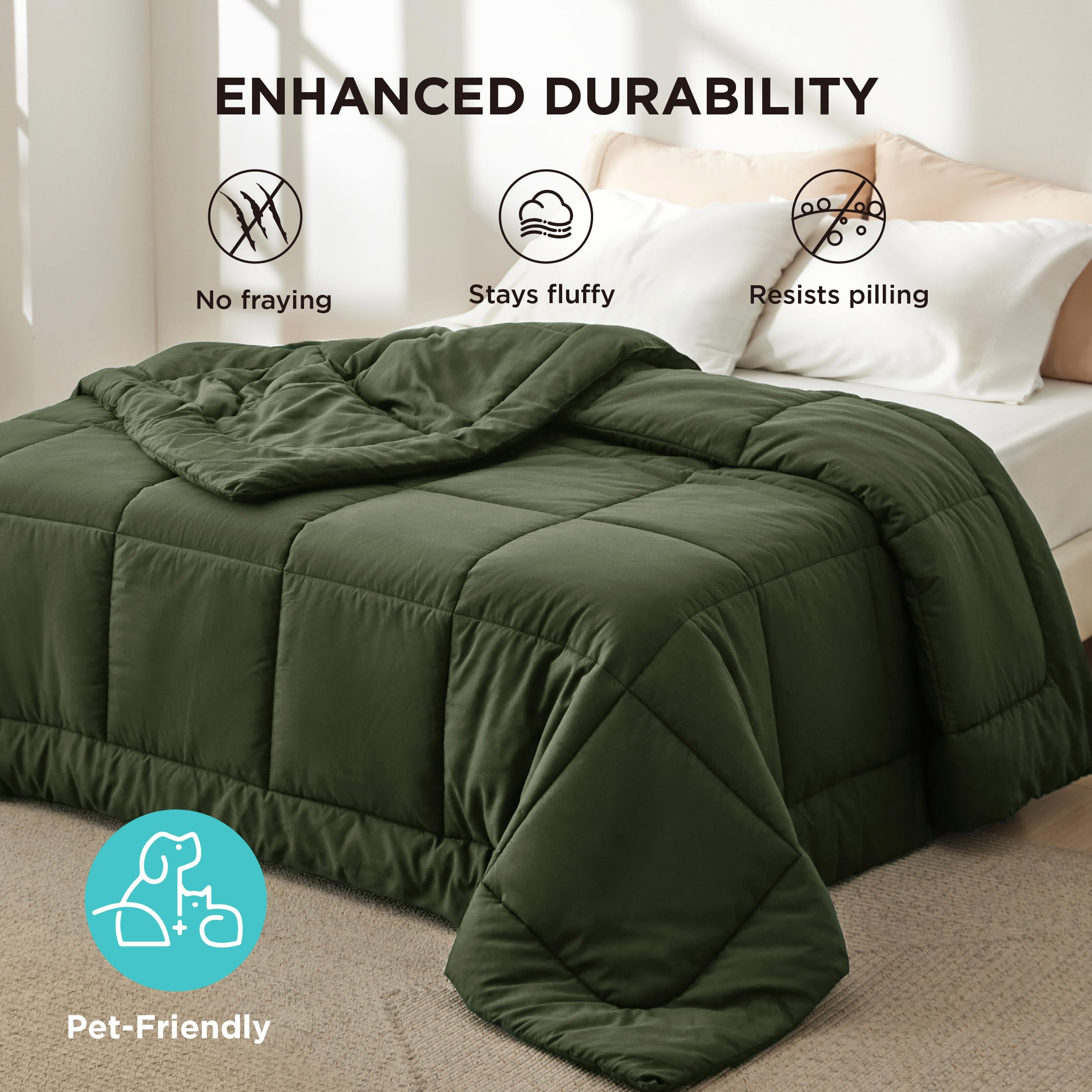 Bedsure folded comforter beside ruler showing scale and packability benefit: easy storage