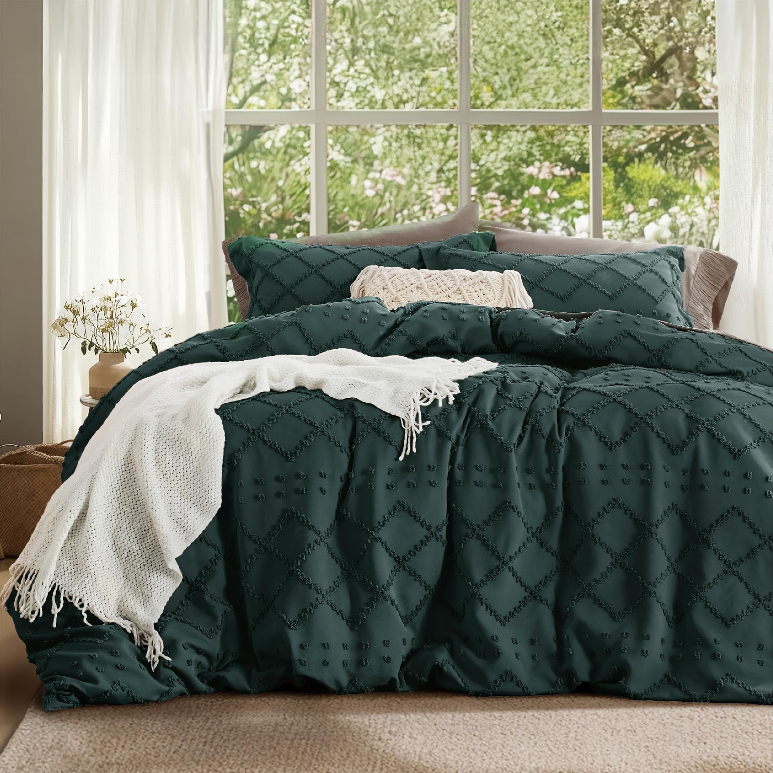 Bedsure forest green duvet cover front view showing boho embroidery and calming color