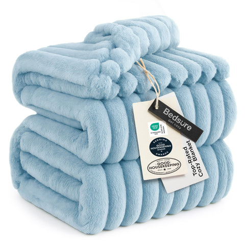 Bedsure front flat view showing light blue striped blanket and full coverage
