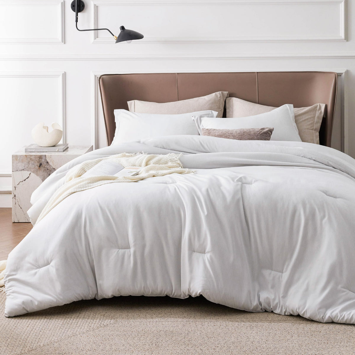 Bedsure front view of full comforter set showing clean grayish white finish and cozy appeal