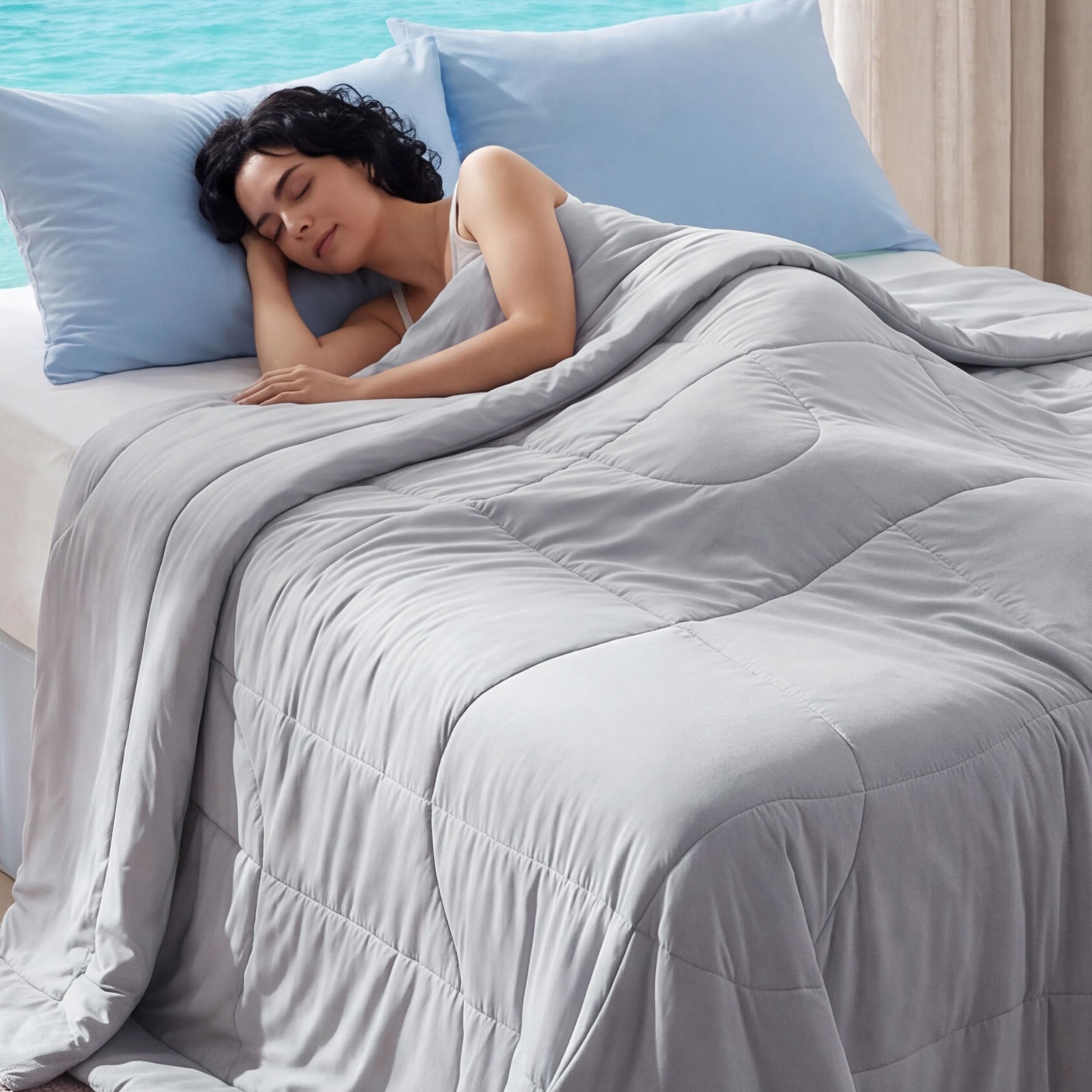 Bedsure front view of queen cooling comforter showing full grey coverage and neat edges