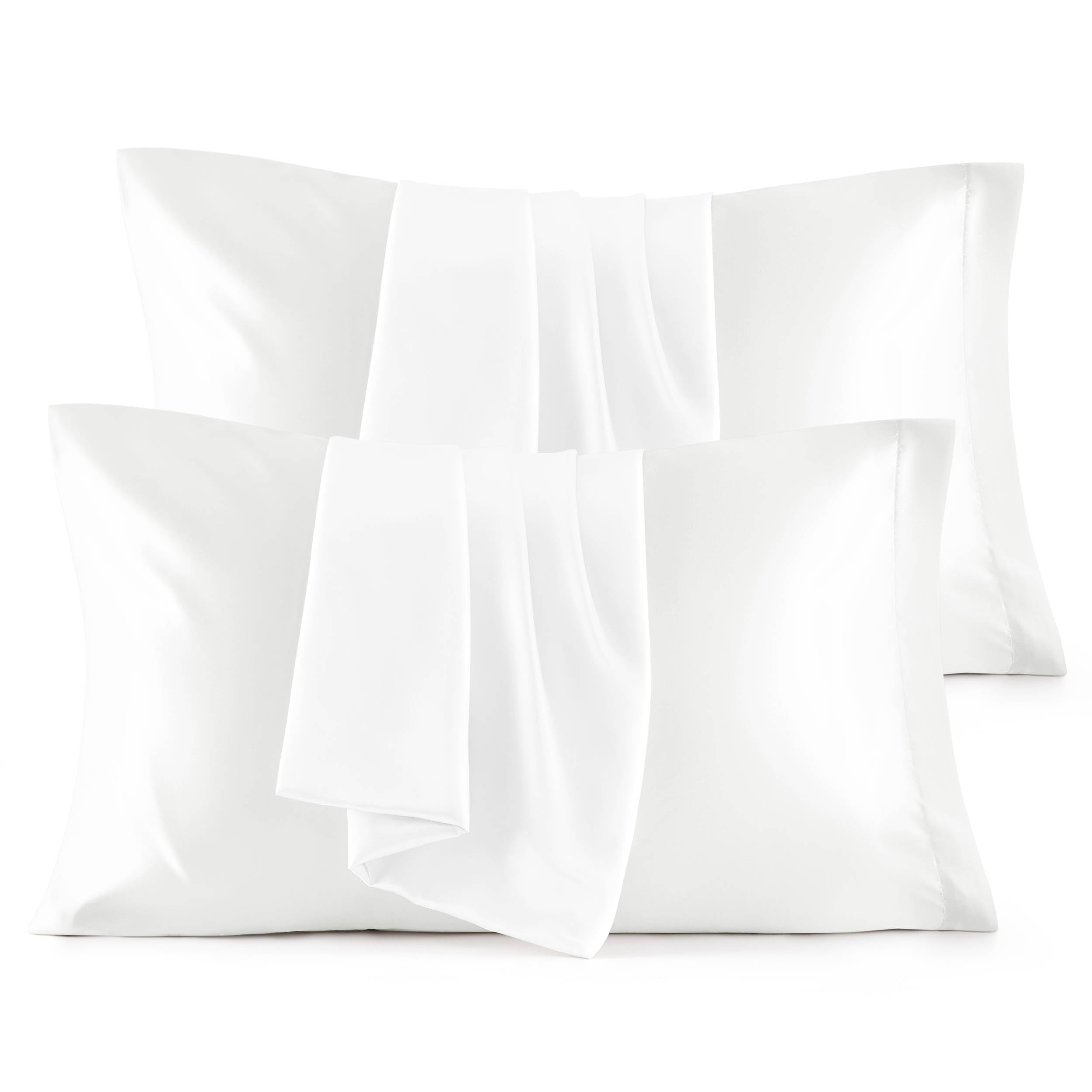Bedsure front view of king-size white satin pillowcases showing smooth finish and shine