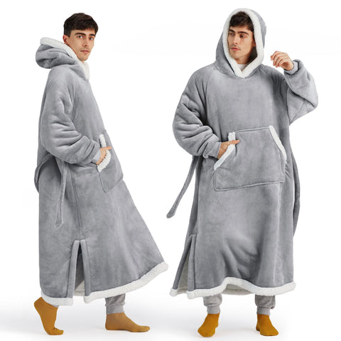 Bedsure front view of long hooded blanket hoodie showing cozy coverage and warmth