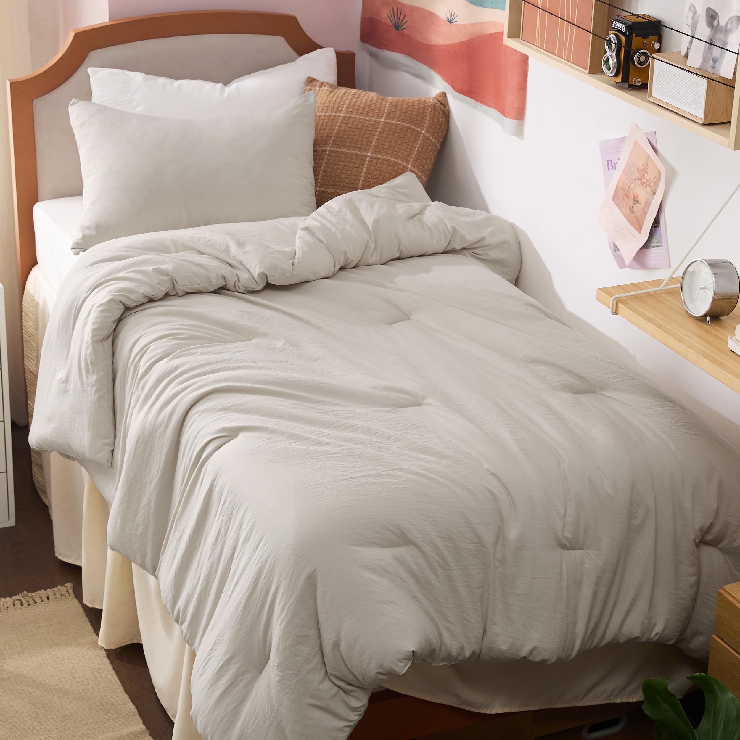Bedsure front view of beige comforter set showing neat packaging and softness