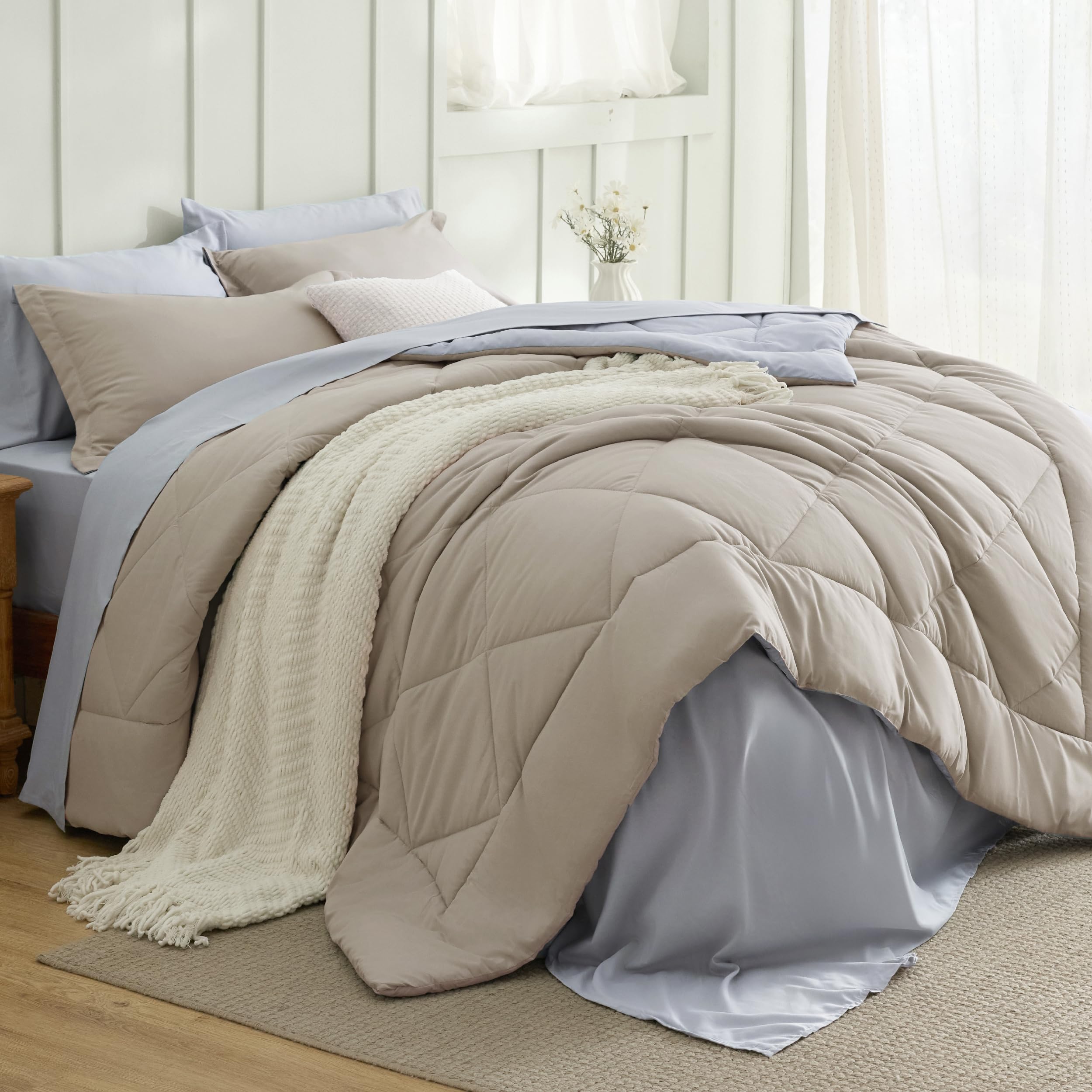 Bedsure front view of beige and silver grey comforter set showing full bundle and benefit of coordinated styling
