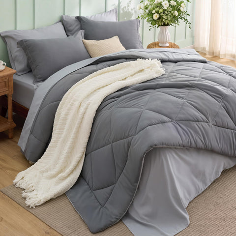 Bedsure front view of full 7-piece set showing coordinated grey tones and convenience