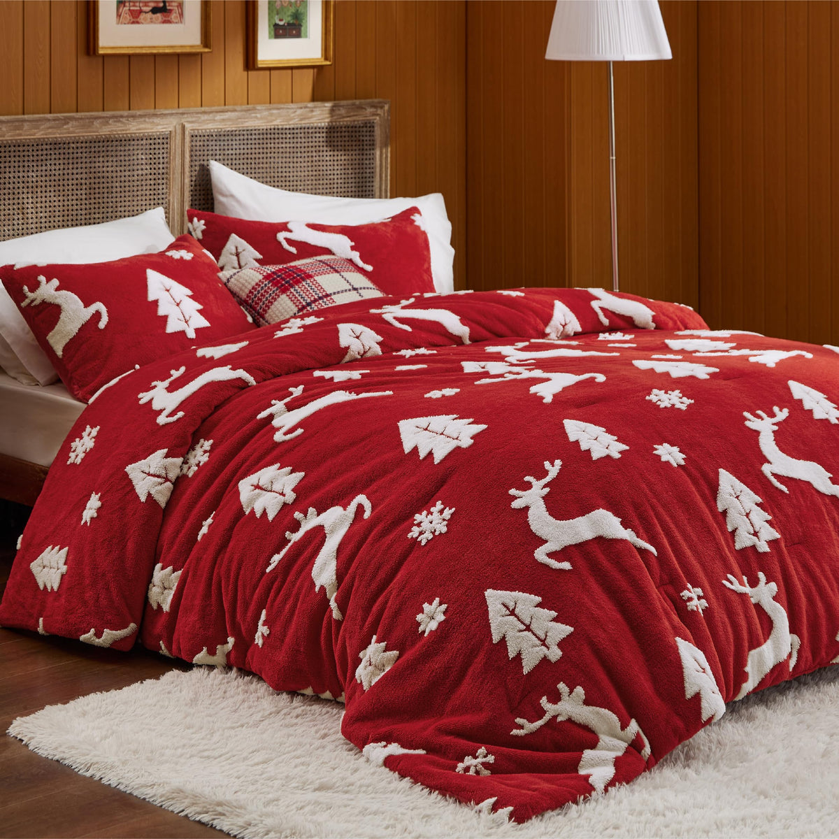 Bedsure front view showing red comforter and reindeer pattern for cozy decor